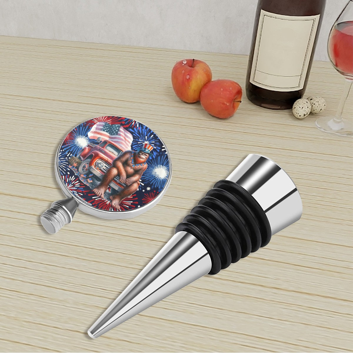 Patriot Bigfoot / Sasquatch on Truck, Wine Bottle Stopper