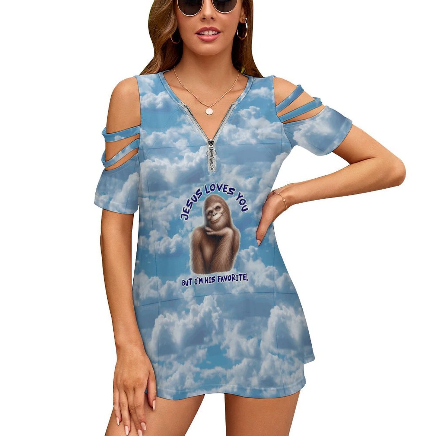 Bigfoot Sasquatch "Jesus loves you..", Women's Custom Zipper T-Shirts, Blouse, Top