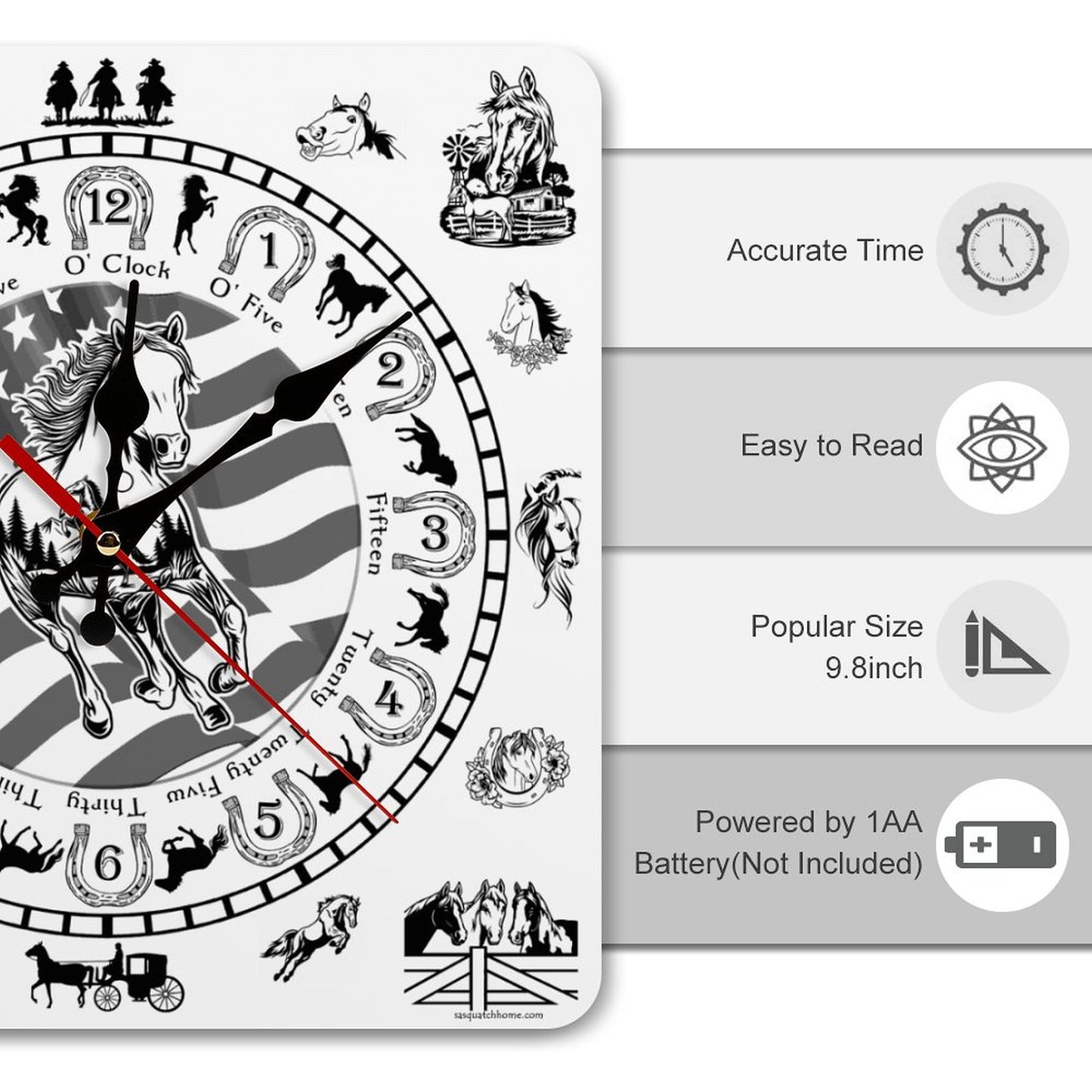 Horse Design Square Wall Clock- Made in USA