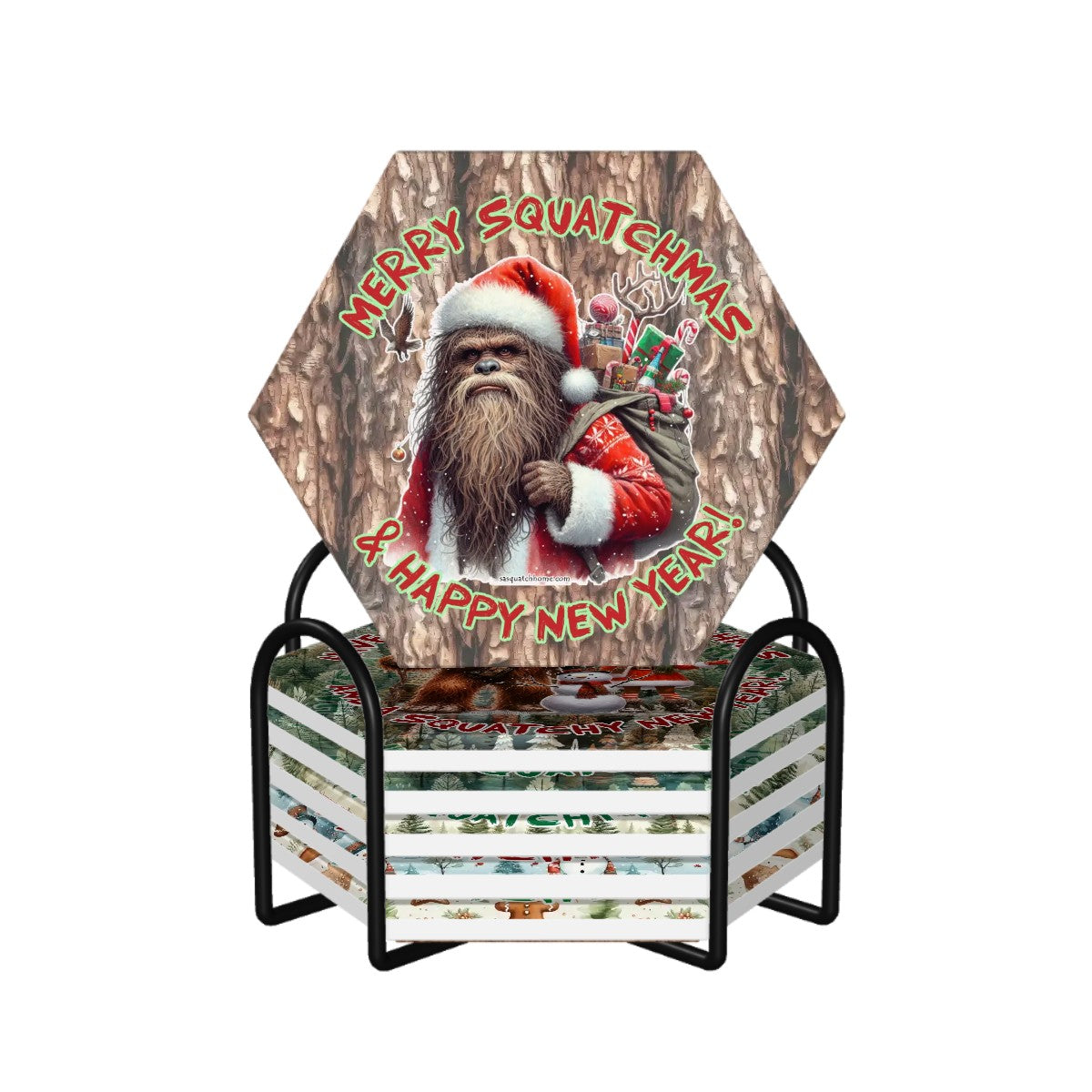 Sasquatch, Bigfoot Christmas Hexagon Ceramic Coasters Set of 6