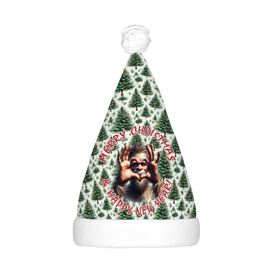 Bigfoot Sasquatch Heart Hands "Merry Christmas..", Adult Plush Santa Hat with Light