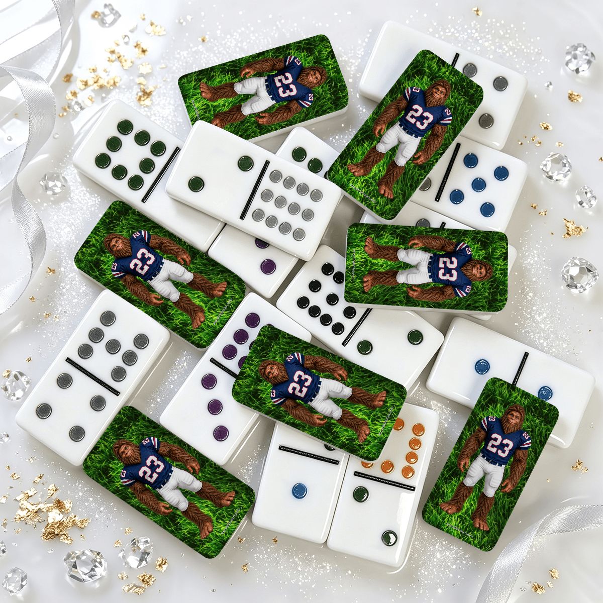 Sasquatch Football Player Double 12 Mexican Train Dominoes Set