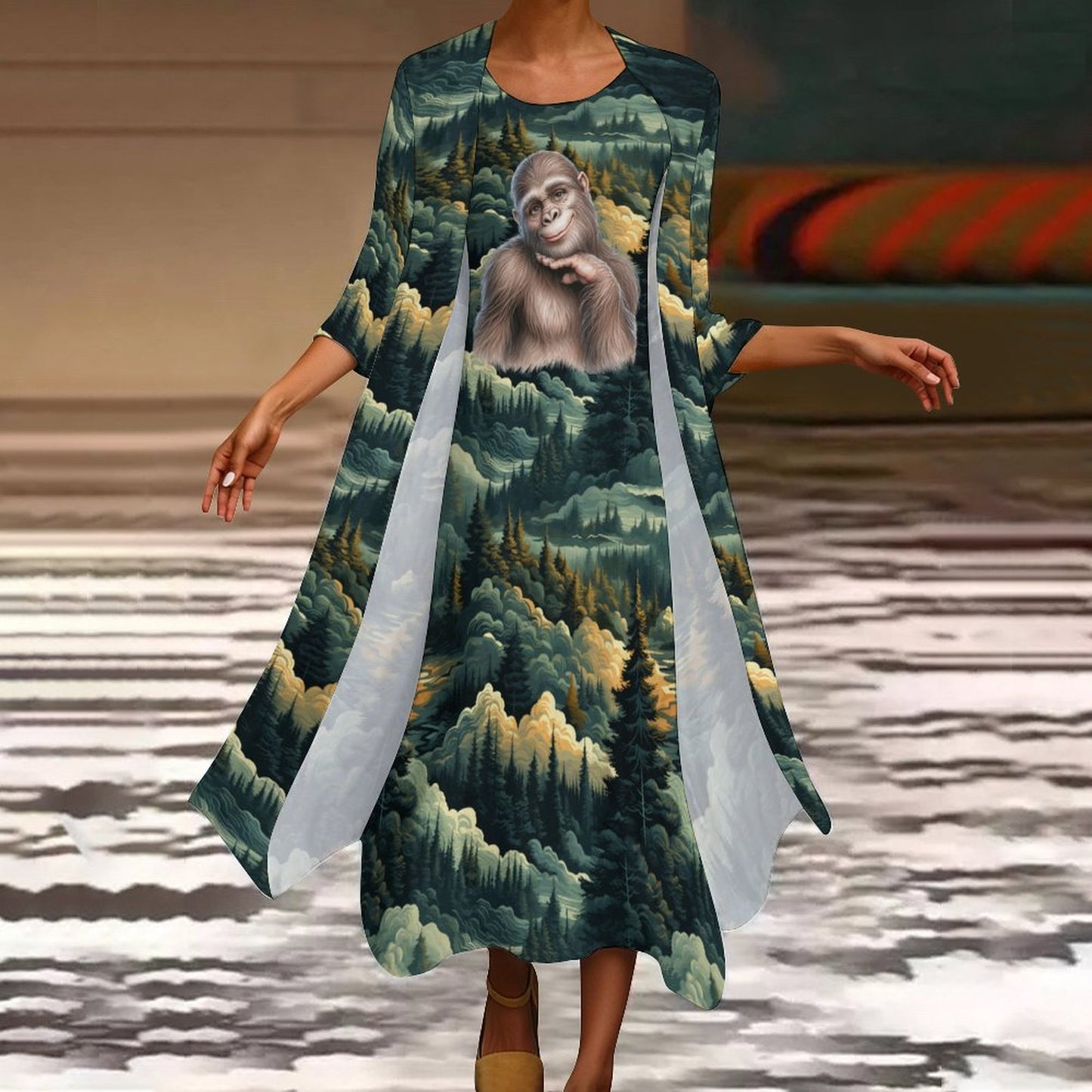 Gal Sasquatch in Woods, Women’s Long Dress with Cardigan