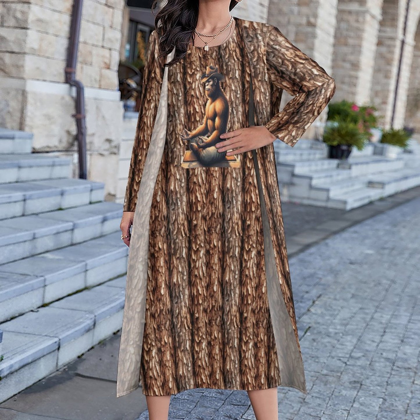 Yoga Cowboy Bigfoot Sasquatch, Women’s Long Dress with Cardigan