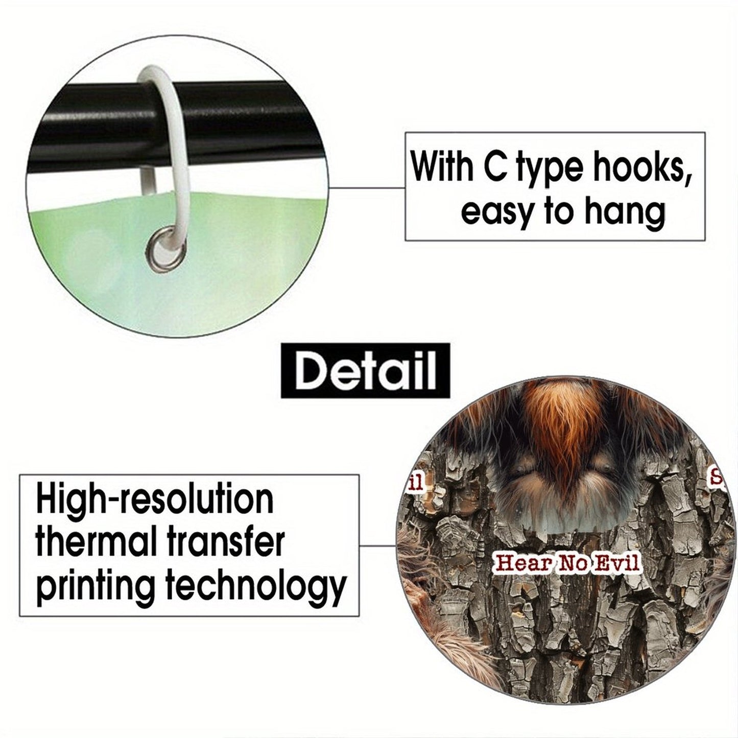 Bigfoot Sasquatch "See no evil..", Waterproof Polyester Shower Curtain – Made in the USA – 70.8x70.8”
