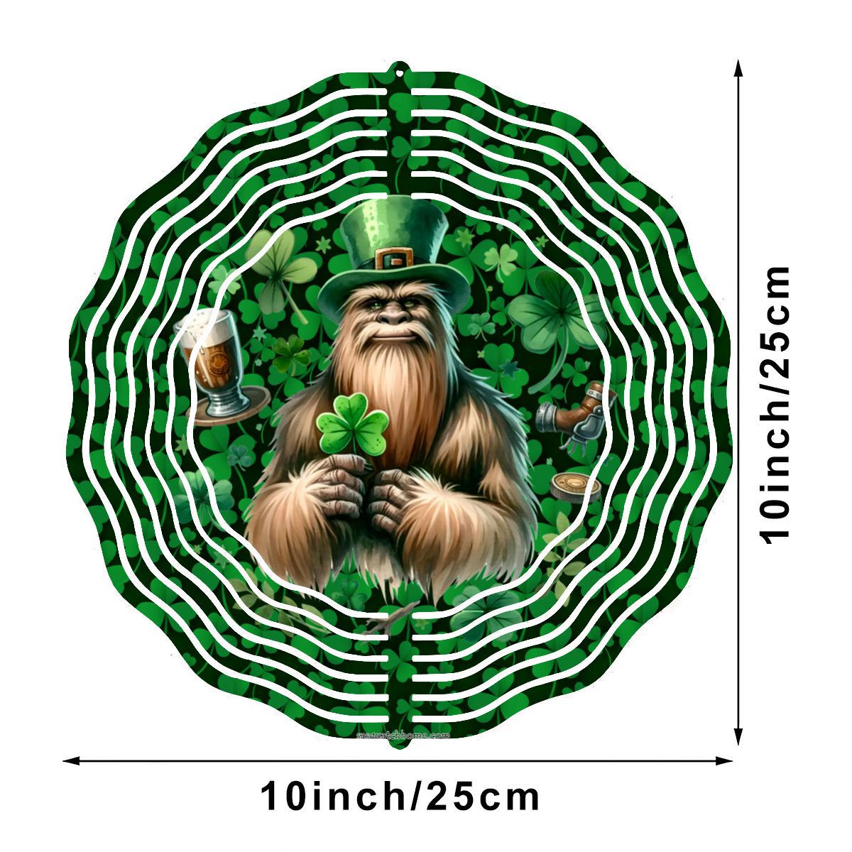 St Patrick Bigfoot, Sasquatch, US Made Hanging Metal 3D Wind Spinner, Ornament - MADE IN USA