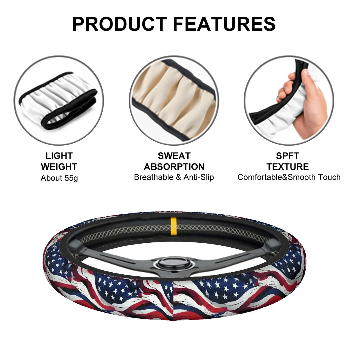 American Flag, Rugged Auto Steering Wheel Cover - 15" b