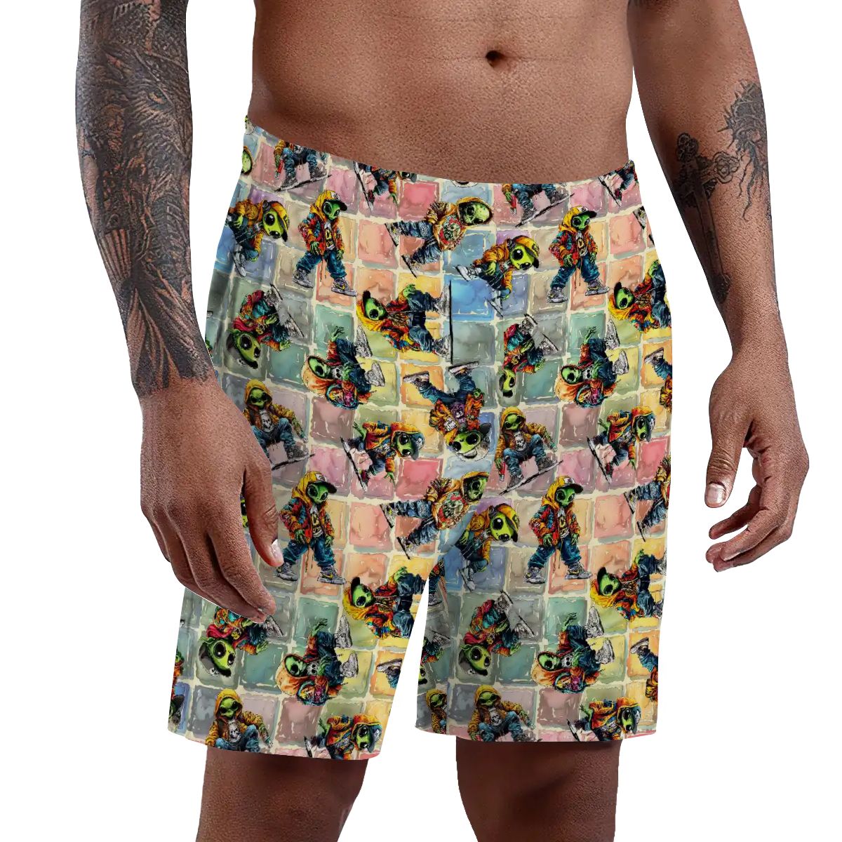 6 Alien Designs, Men’s Polyester, pocketed, pajama Shorts