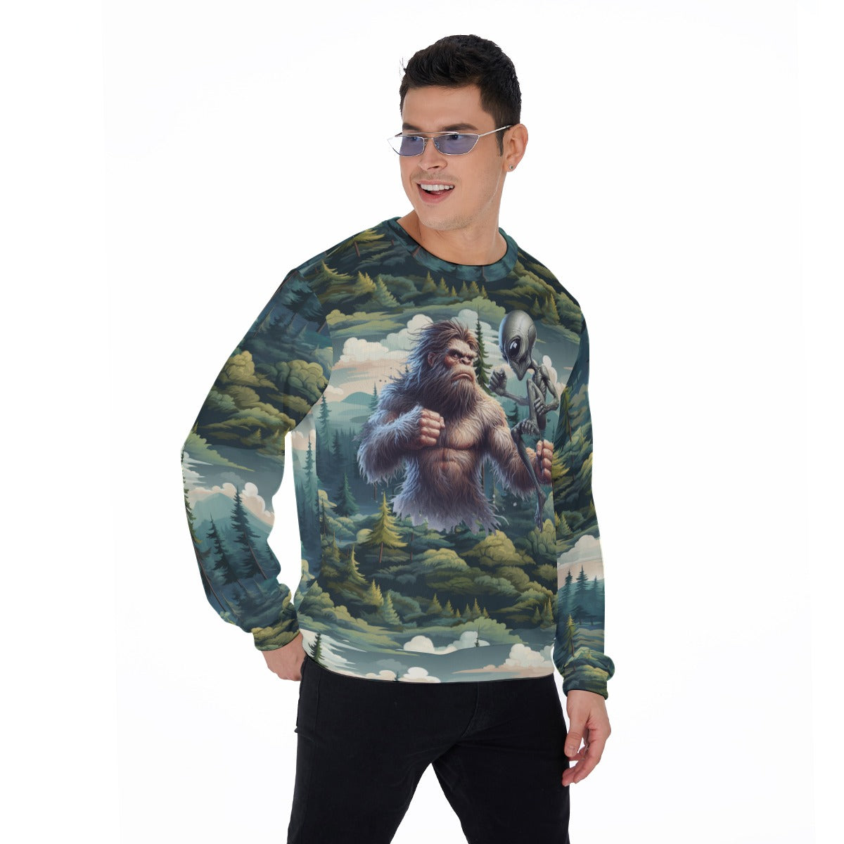 Bigfoot Sasquatch & Alien Fight, Men’s Polyester Thickened Sweater