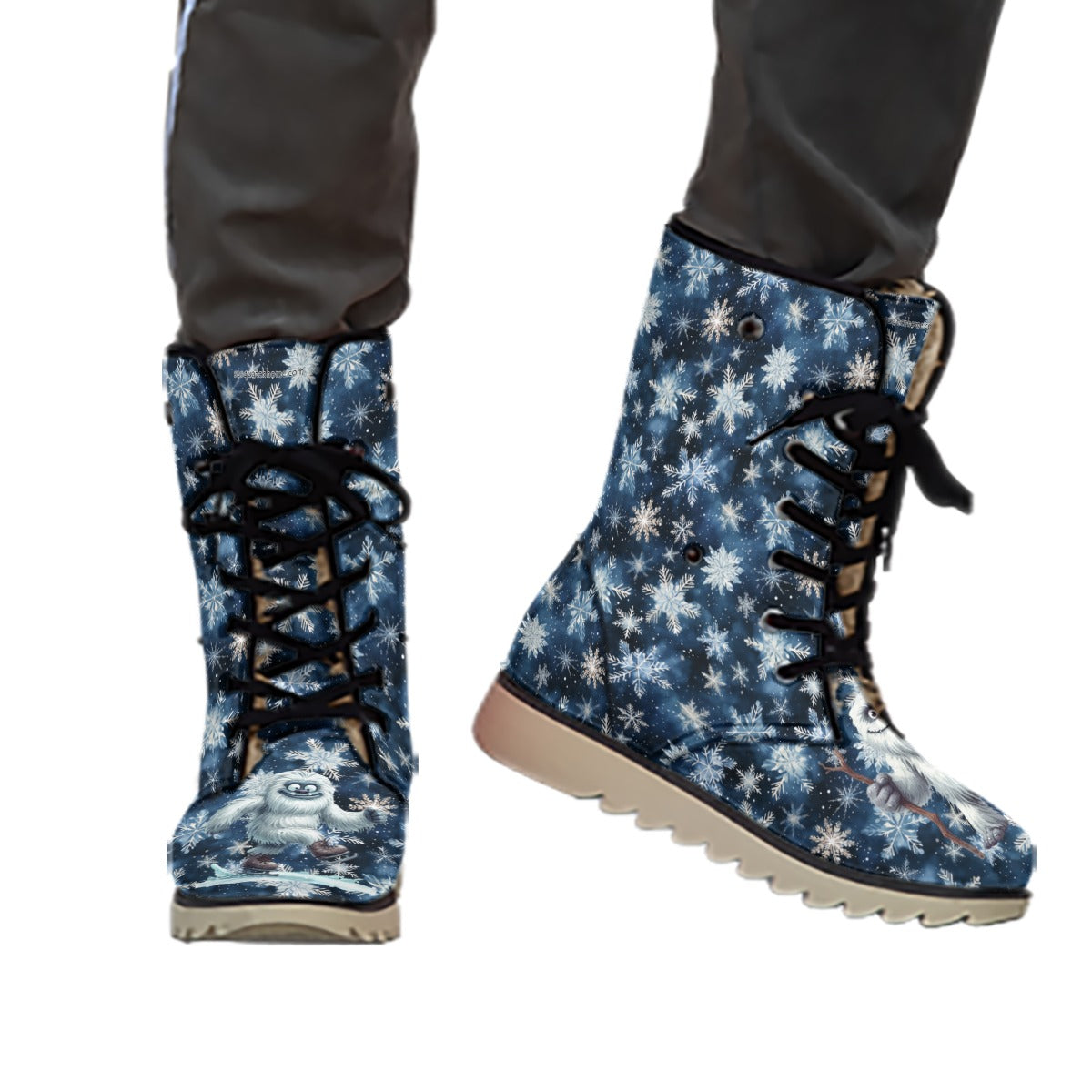 Cute Yeti on Snowflakes, Women’s Plush Velvet Lined Boots