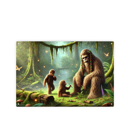 Bigfoot Sasquatch with Kids, 8”x12” Metal Hanging Painting / Poster – Made in USA
