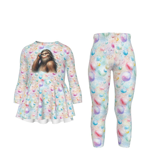 Girl Bigfoot / Sasquatch on Bubbles, Girls 2 Piece Casual Suit, Outfit with Ruffle Shirt