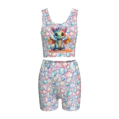 Baby Dragon on Colored Stones, Women’s 2 Piece Yoga Short Set