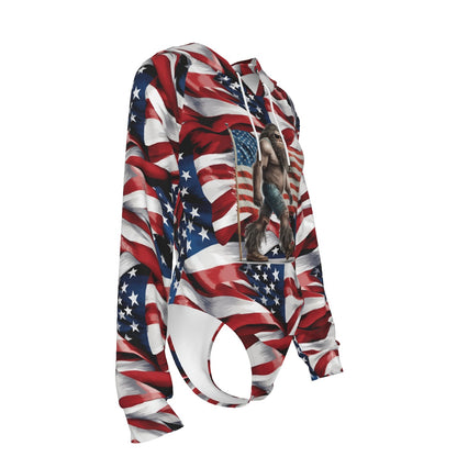 Patriotic Bigfoot, Sasquatch Women's Raglan Sleeve Hooded Bodysuit