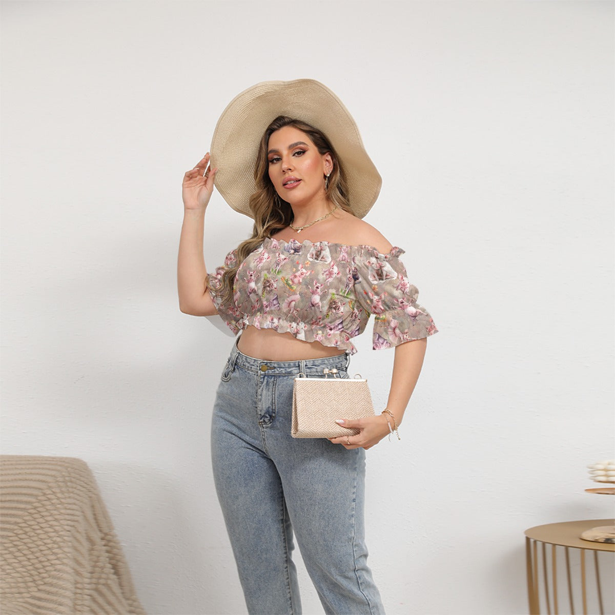 Animal Designs Women's Off-shoulder Cropped Top With Short Puff Sleeve