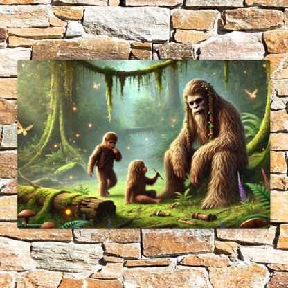 Bigfoot Sasquatch with Kids, 8”x12” Metal Hanging Painting / Poster – Made in USA
