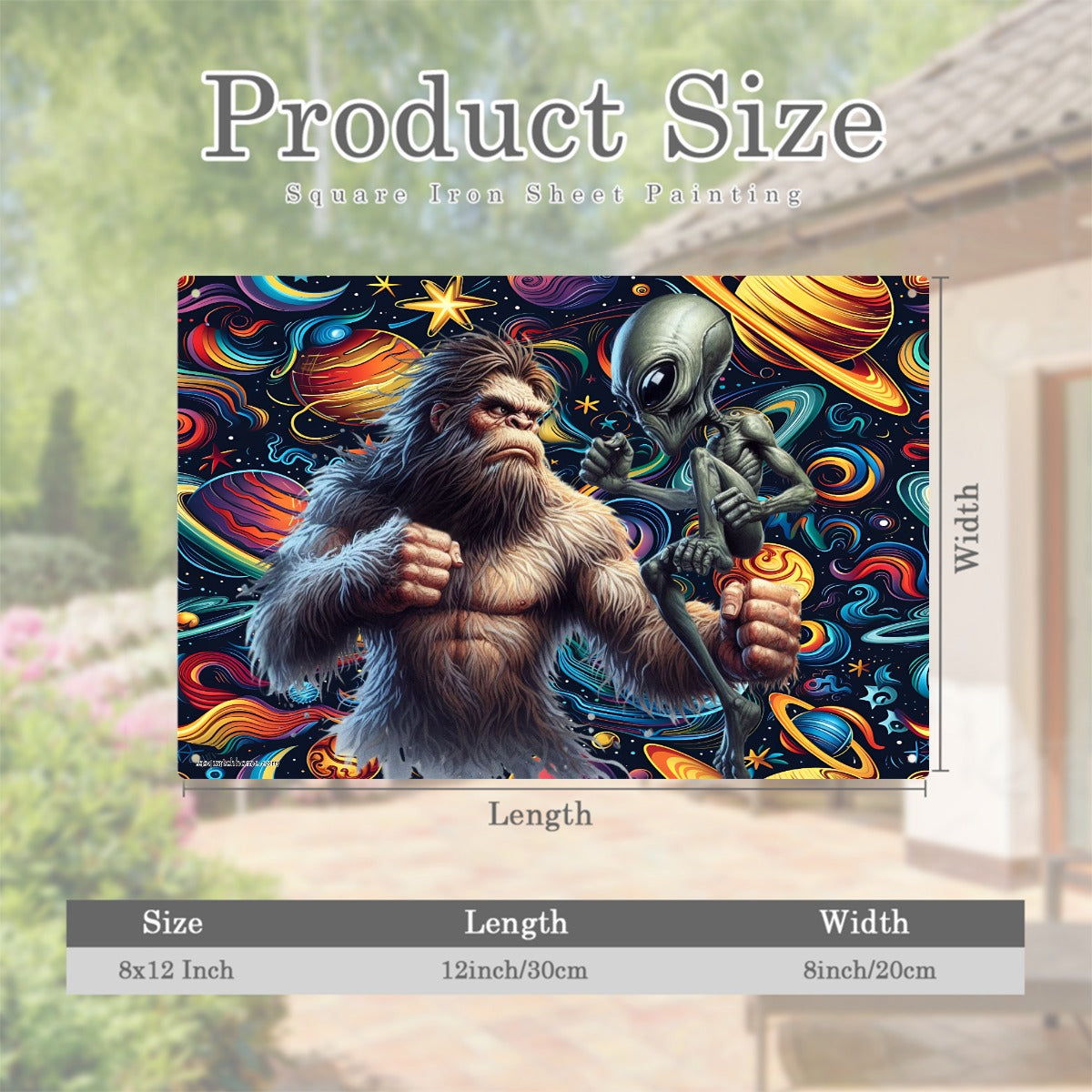 Bigfoot & Alien, 8”x12” Metal Hanging Painting / Poster – Made in USA