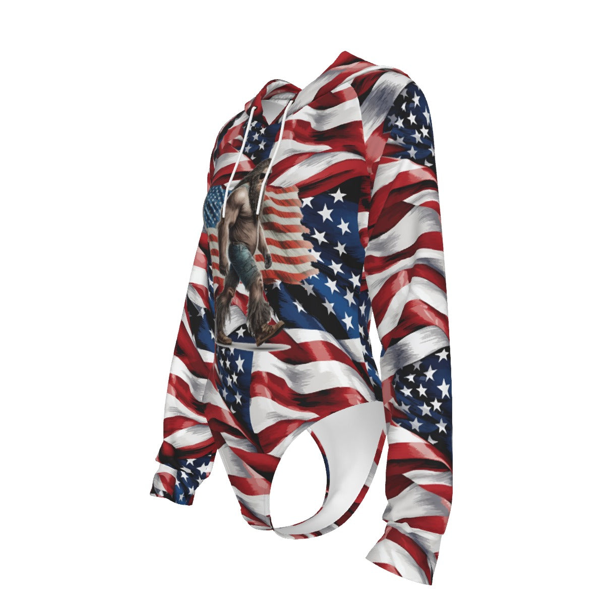 Patriotic Bigfoot, Sasquatch Women's Raglan Sleeve Hooded Bodysuit