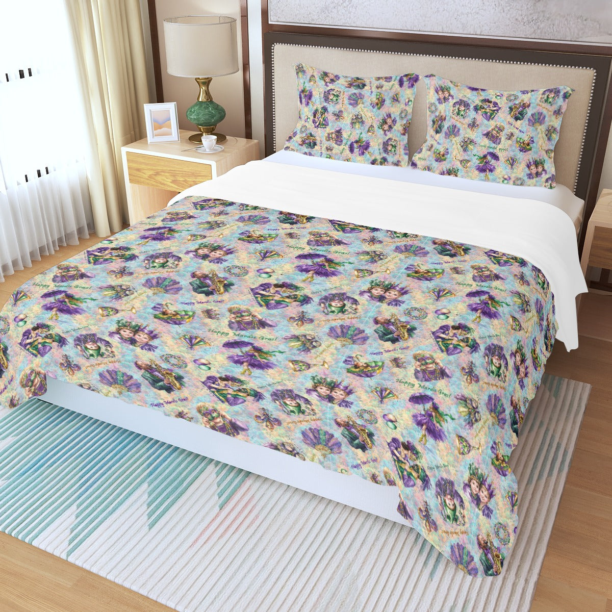 Mardi Gras Designed Three Piece Duvet Bedding Set