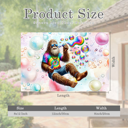 Bigfoot / Sasquatch Blowing Bubbles, 8”x12” Metal Hanging Painting / Poster – Made in USA