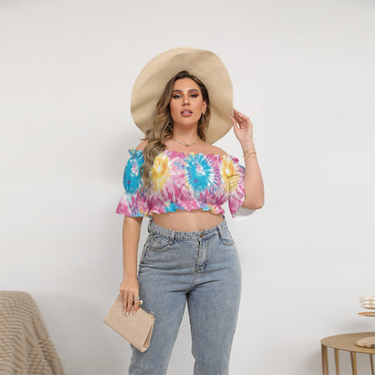 Tie Dye Designs, Women's Off-shoulder Cropped Top With Short Puff Sleeve