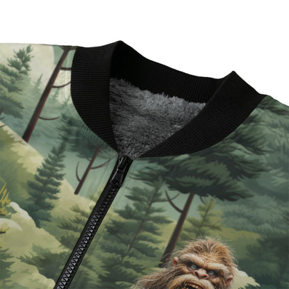 Bigfoot, Sasquatch in Woods "if you find me offensive..", Polyester Fleece Bomber Jacket / Zipper Closure