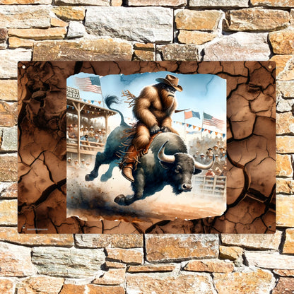 Cowboy Bigfoot, Sasquatch 8”x12” Metal Hanging Painting / Poster – Made in USA