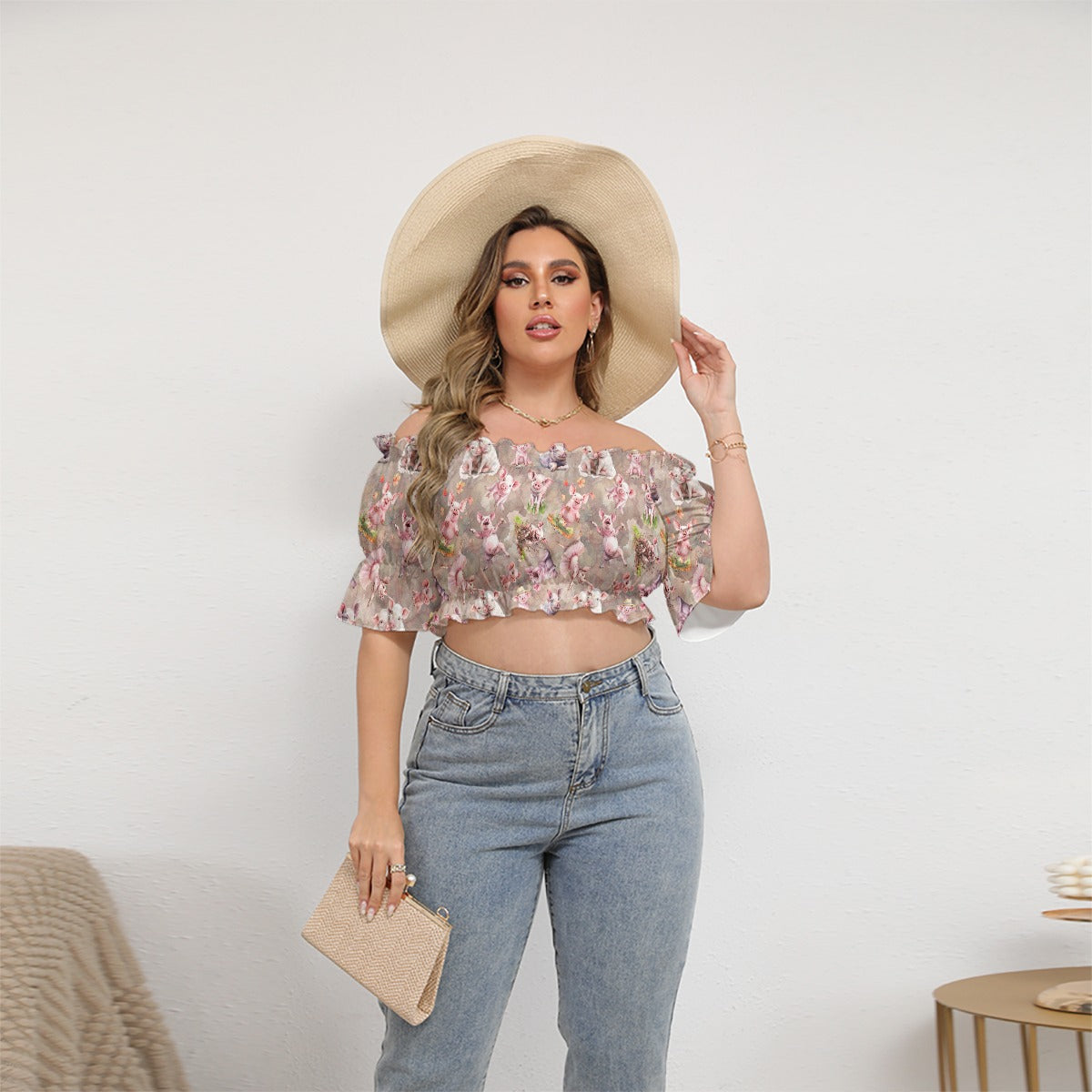 Animal Designs Women's Off-shoulder Cropped Top With Short Puff Sleeve