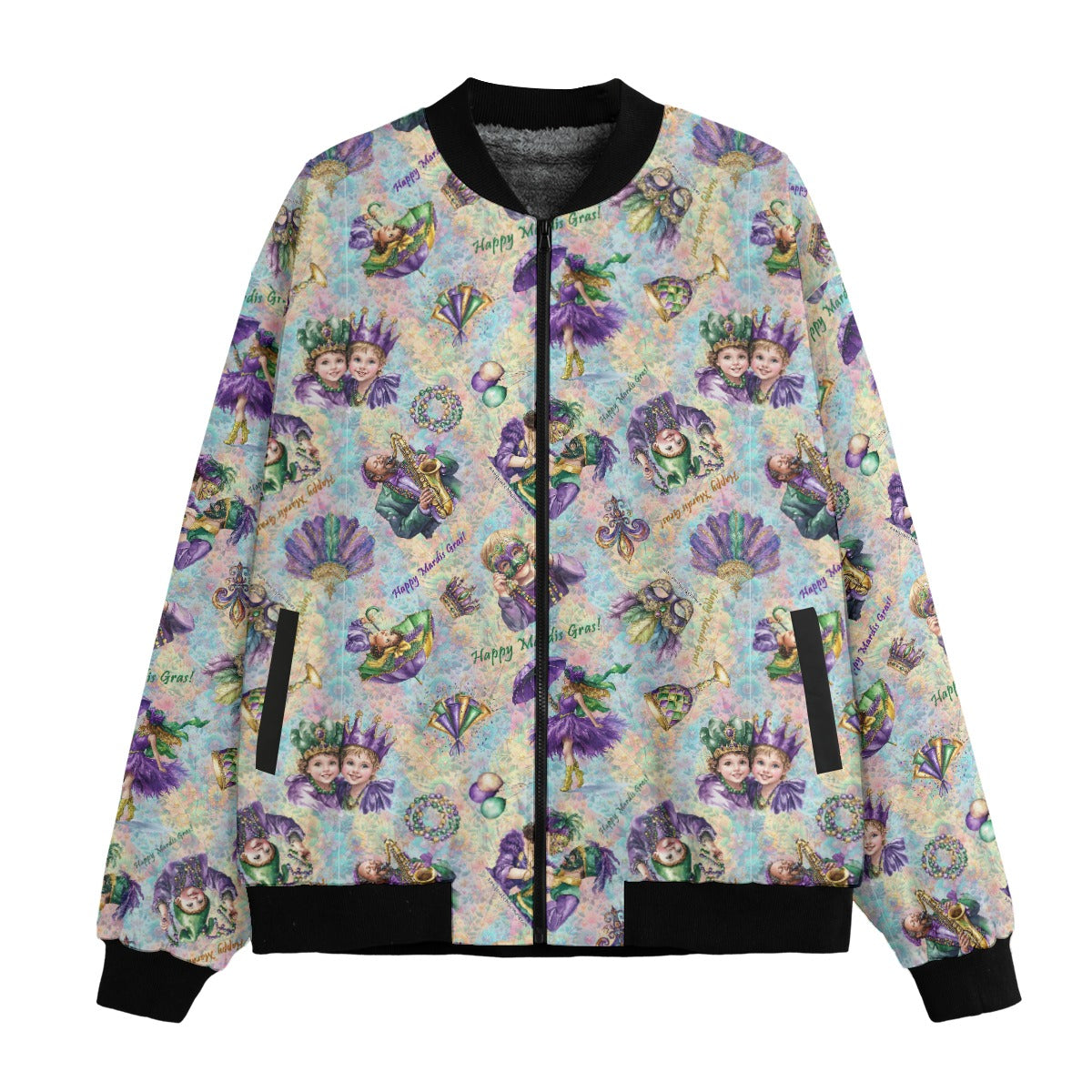 Mardi Gras Polyester Fleece Bomber Jacket / Zipper Closure
