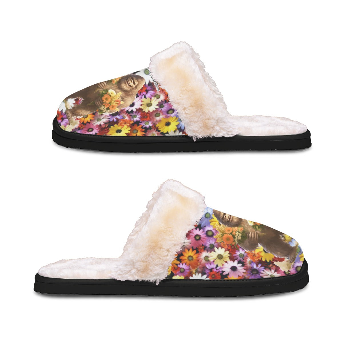 Bigfoot / Sasquatch with flowers, Women’s Plush, Fluffy Slippers