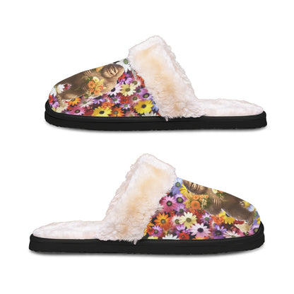 Bigfoot / Sasquatch with flowers, Women’s Plush, Fluffy Slippers