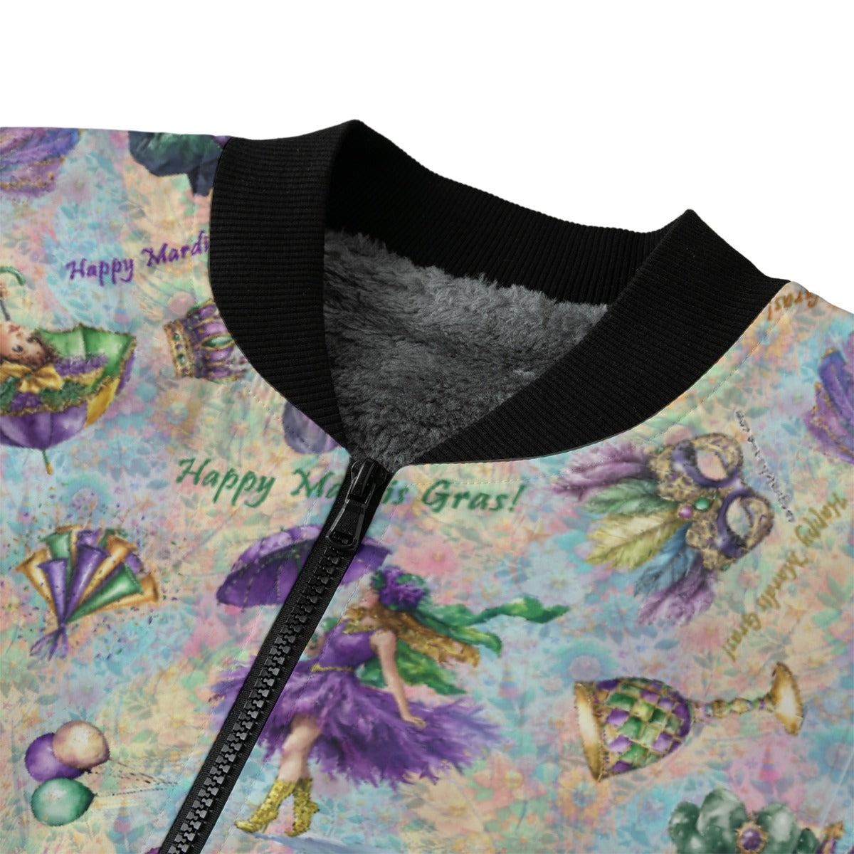 Mardi Gras Polyester Fleece Bomber Jacket / Zipper Closure