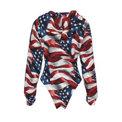 Patriotic Bigfoot, Sasquatch Women's Raglan Sleeve Hooded Bodysuit