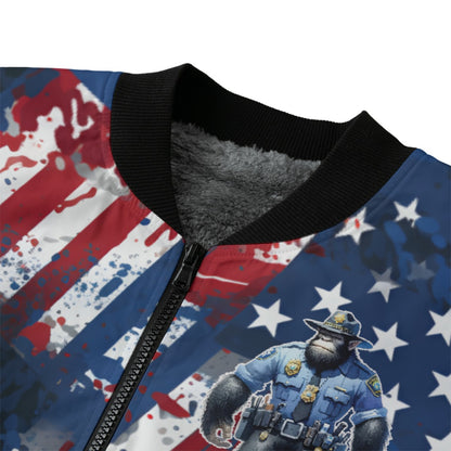 Bigfoot, Sasquatch Police Officer, Polyester Fleece Bomber Jacket / Zipper Closure