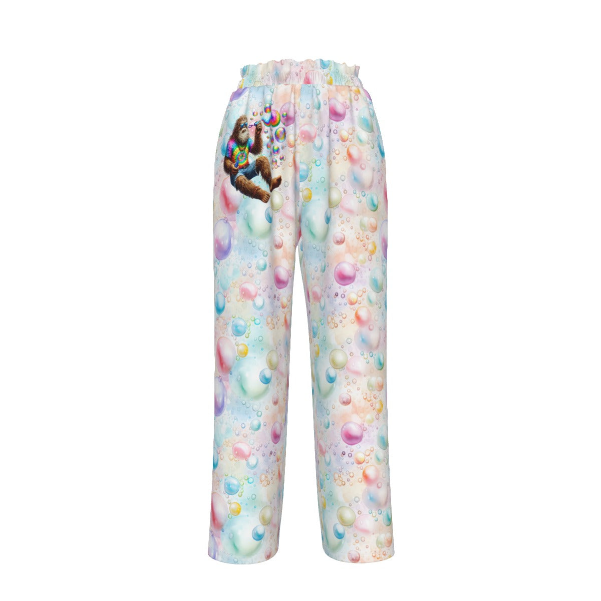 Sasquatch on Bubbles, Blowing bubbles, Women’s Faux Silk Wide-Leg Pants
