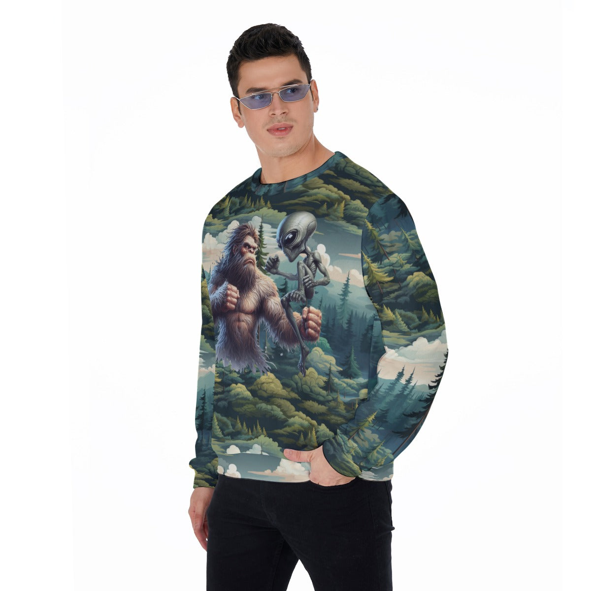 Bigfoot Sasquatch & Alien Fight, Men’s Polyester Thickened Sweater
