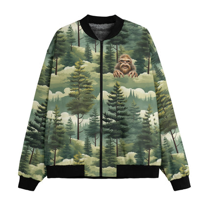 Bigfoot, Sasquatch in Woods "if you find me offensive..", Polyester Fleece Bomber Jacket / Zipper Closure