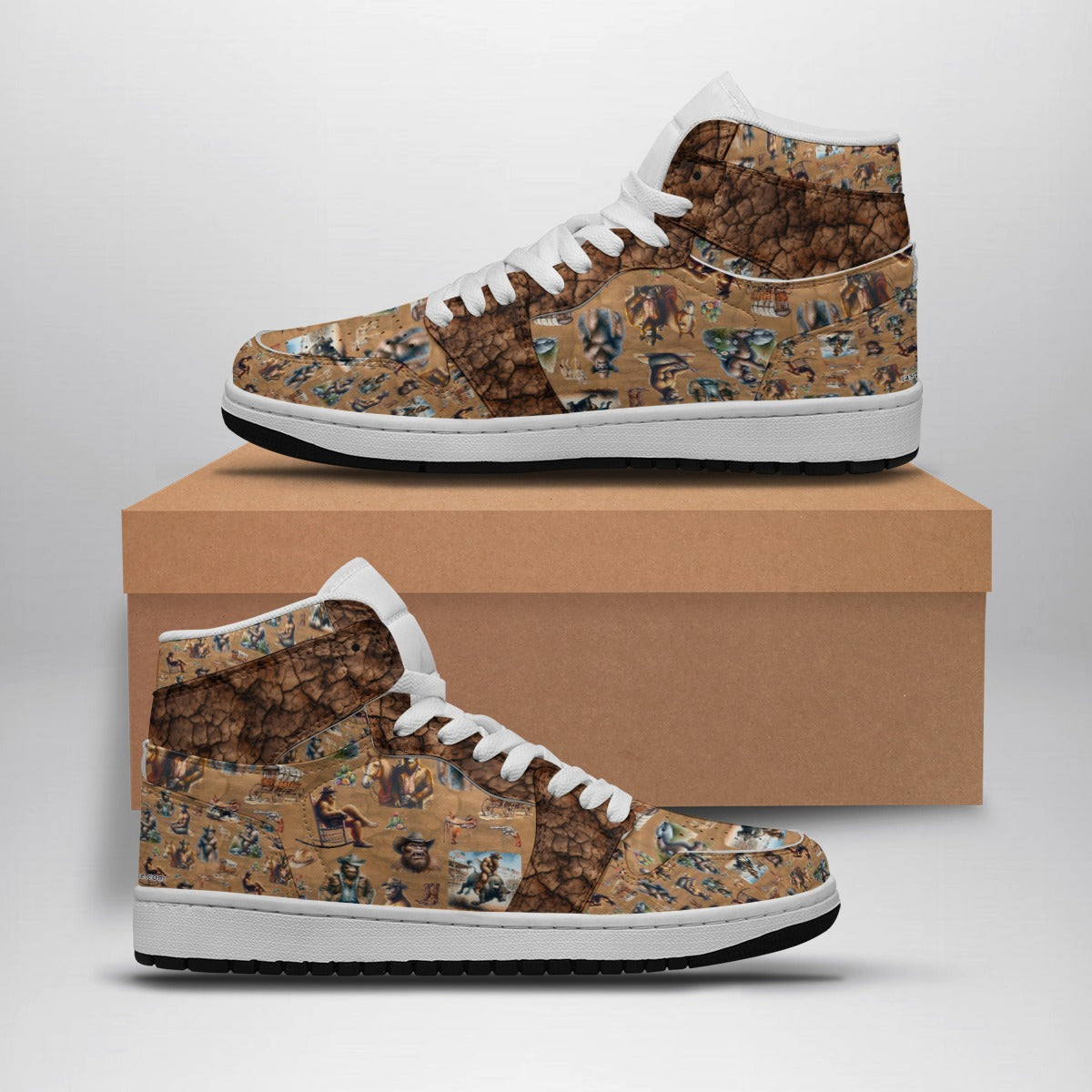 Cowboy Sasquatch, Bigfoot, Mens high top, lace-up, leather shoes