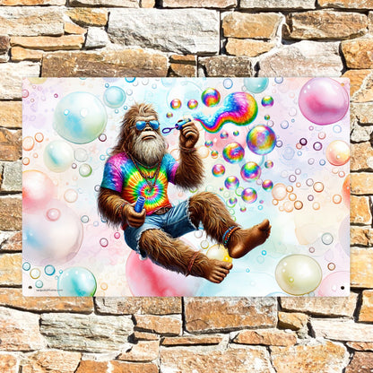Bigfoot / Sasquatch Blowing Bubbles, 8”x12” Metal Hanging Painting / Poster – Made in USA