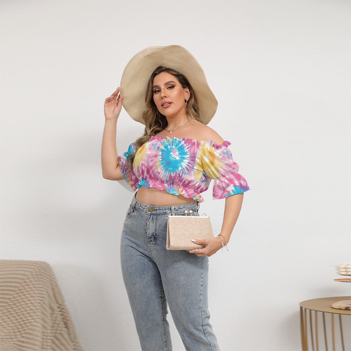 Tie Dye Designs, Women's Off-shoulder Cropped Top With Short Puff Sleeve