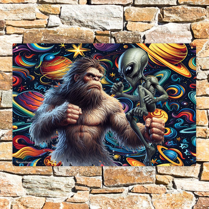 Bigfoot & Alien, 8”x12” Metal Hanging Painting / Poster – Made in USA
