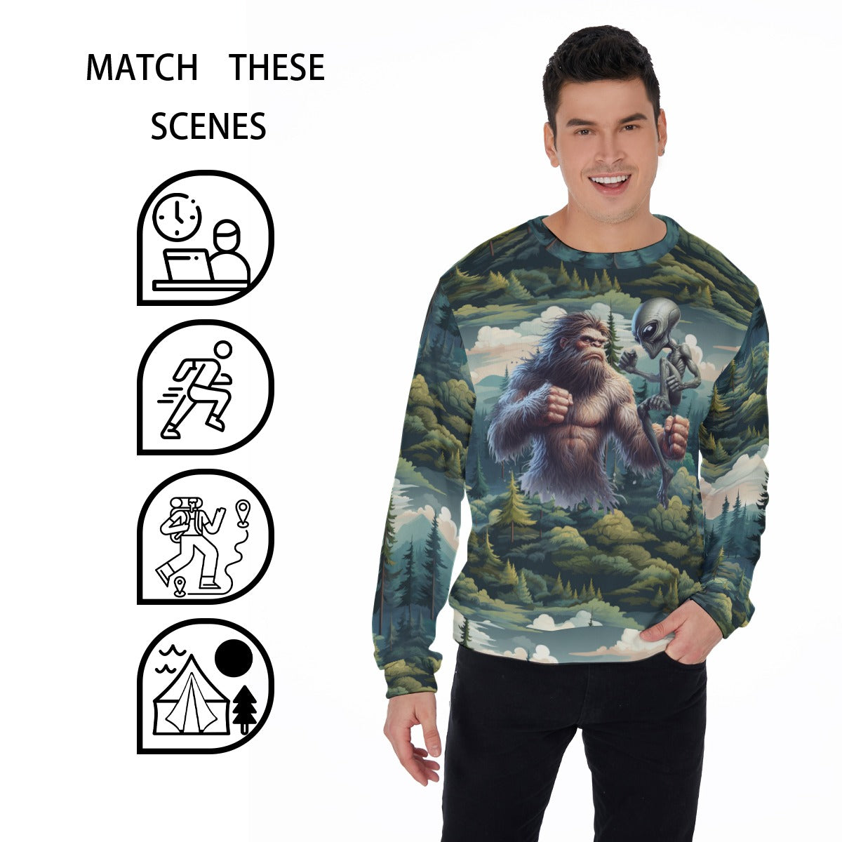 Bigfoot Sasquatch & Alien Fight, Men’s Polyester Thickened Sweater