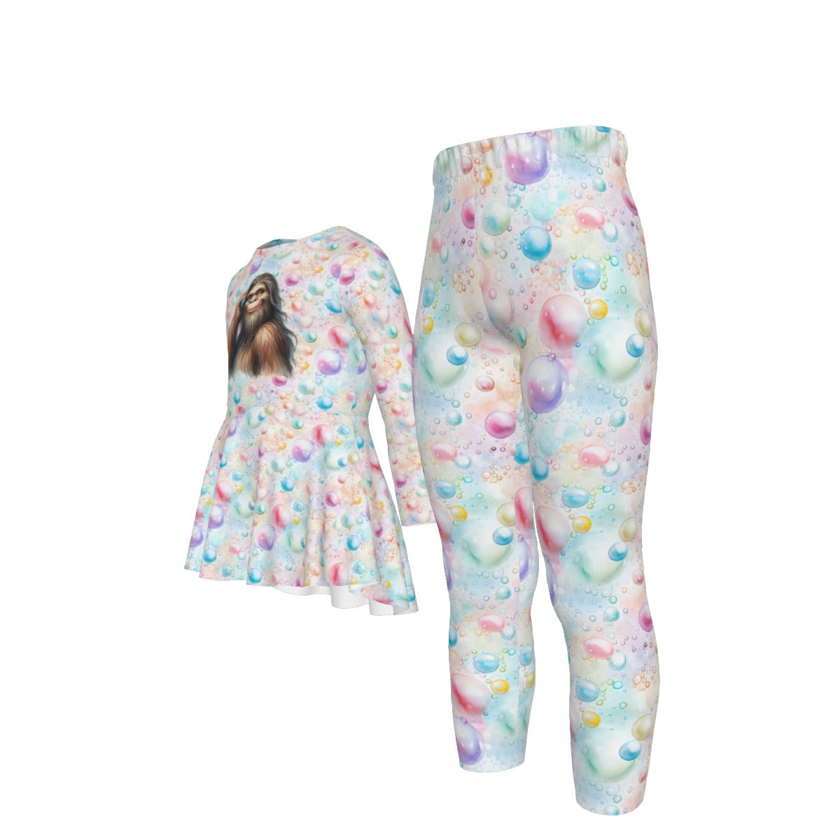 Girl Bigfoot / Sasquatch on Bubbles, Girls 2 Piece Casual Suit, Outfit with Ruffle Shirt