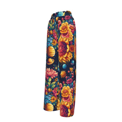 12 Galaxy, Outerspace, Women's Faux Silk Wide-Leg Pants Space Designs