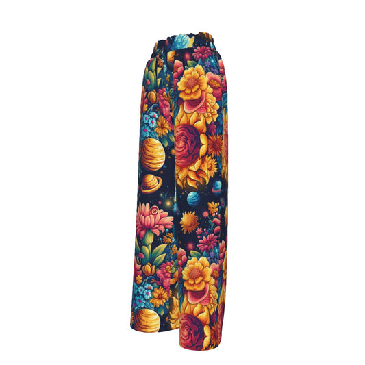 12 Galaxy, Outerspace, Women's Faux Silk Wide-Leg Pants Space Designs