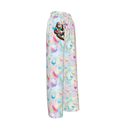 Sasquatch on Bubbles, Blowing bubbles, Women’s Faux Silk Wide-Leg Pants