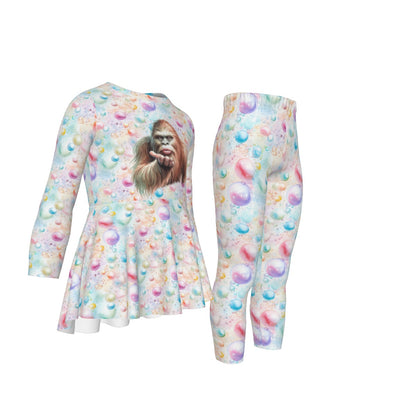 Sasquatch / Bigfoot kiss, Girls 2 Piece Casual Suit, Outfit with Ruffle Shirt