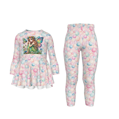 Fairy on Bubbles, Girls 2 Piece Casual Suit, Outfit with Ruffle Shirt