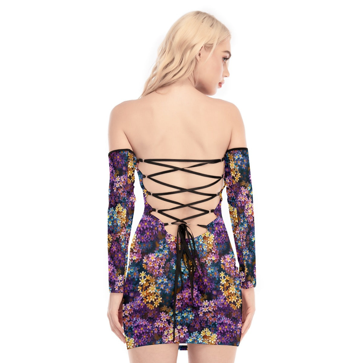 10 Flower Designs, Women's Off-shoulder Back Lace-up Dress