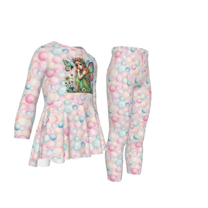 Fairy on Bubbles, Girls 2 Piece Casual Suit, Outfit with Ruffle Shirt
